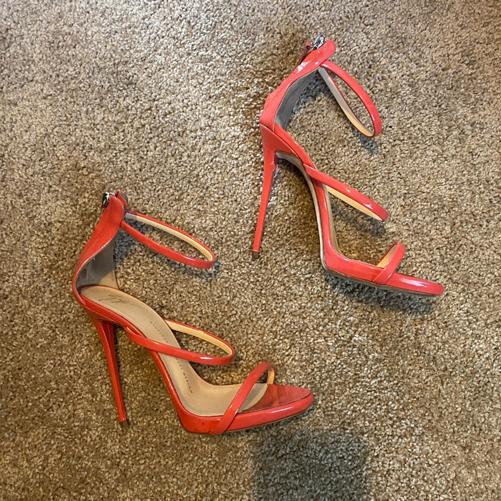 Orange Patent Leather Giuseppe Zanotti HARMONY Sandal Heel - Size 8